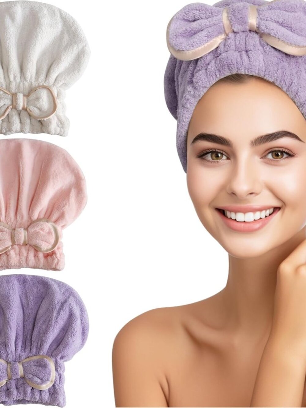 Microfiber Hair Towel Caps for Wet Hair with Cute Bowtie, 3Packs Fast Drying Hai